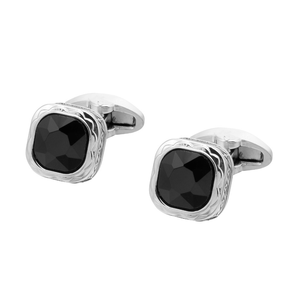 Dress Shirt French Cuff - Black Gemstone French Cufflinks with Silver